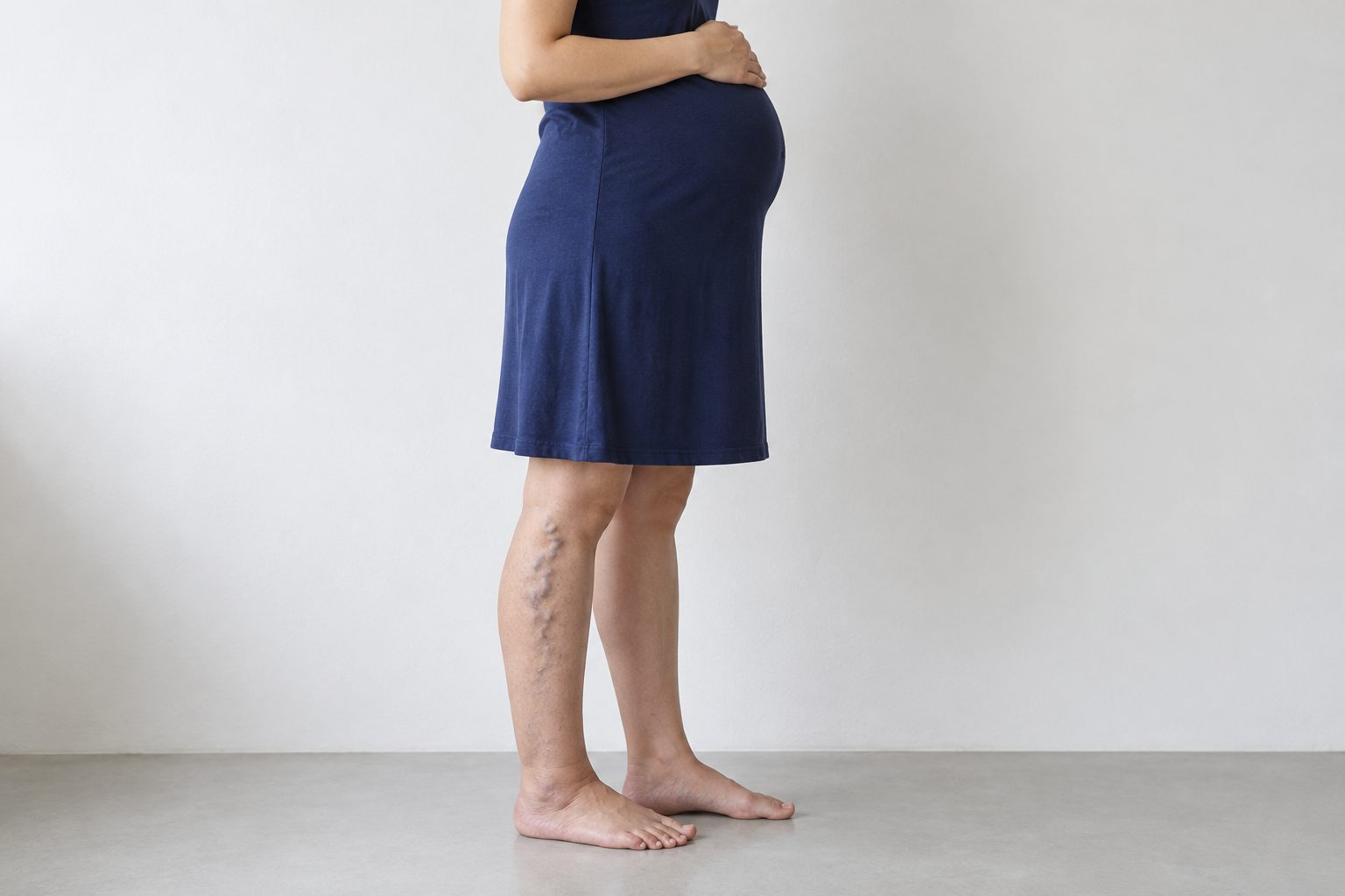 A pregnant woman standing side-on, with raised, twisting veins on the back of one calf