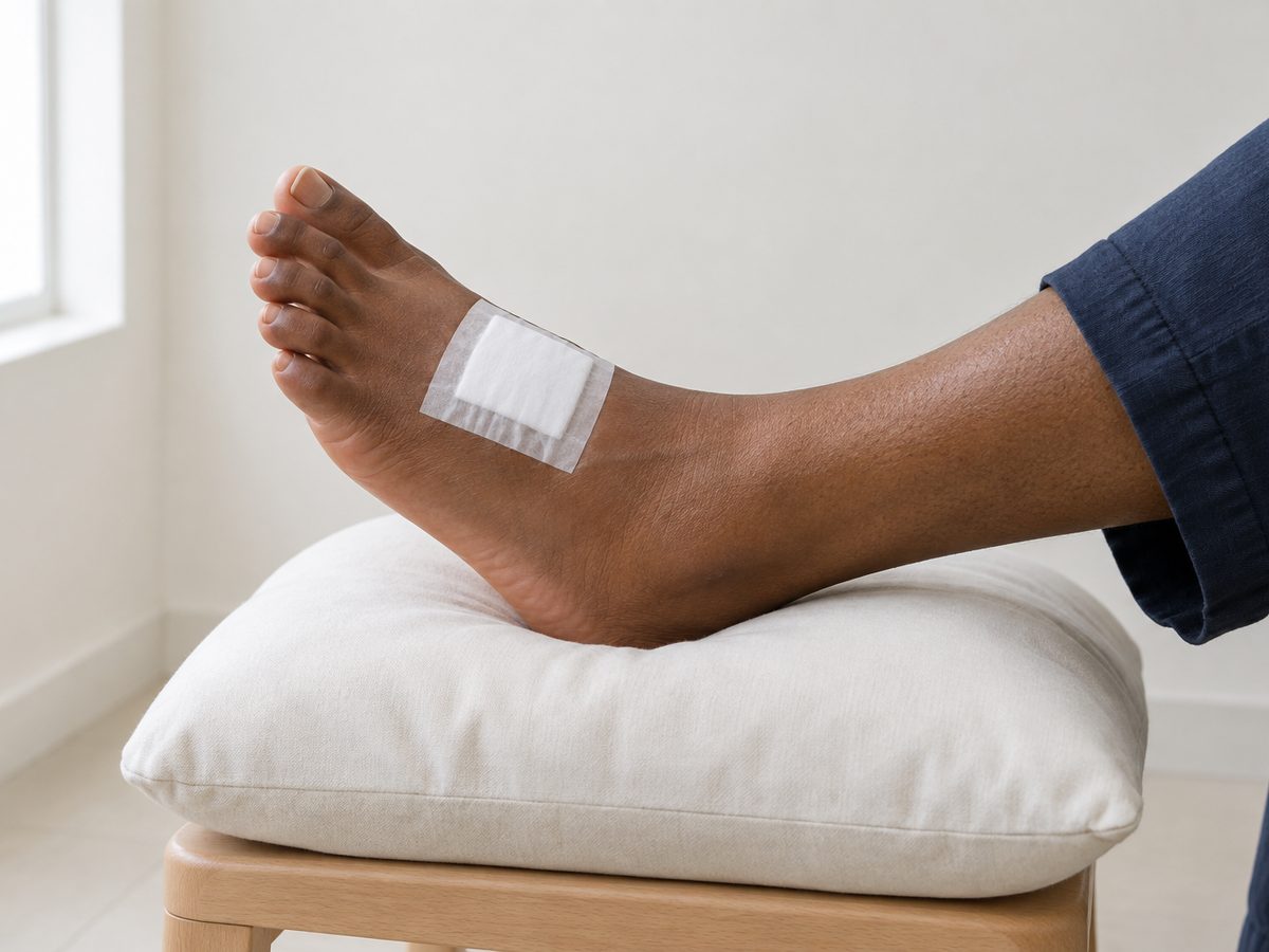 A foot with a clean white dressing, resting raised on a cushion