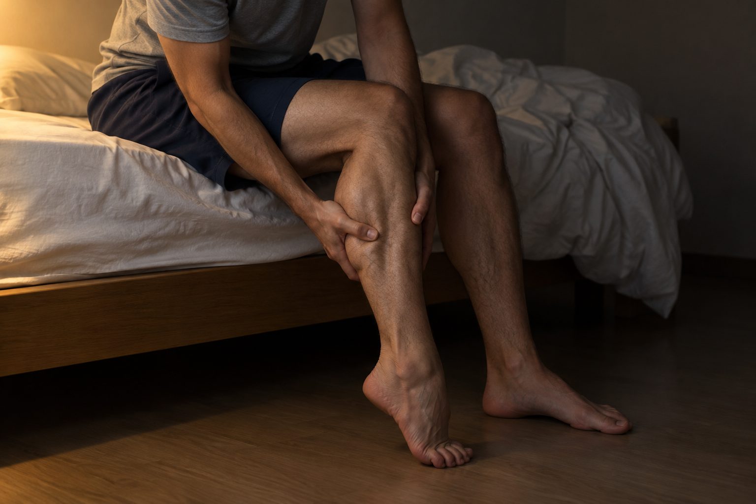 At night, an adult on the edge of the bed gripping a cramping calf, the foot pulled into a point.