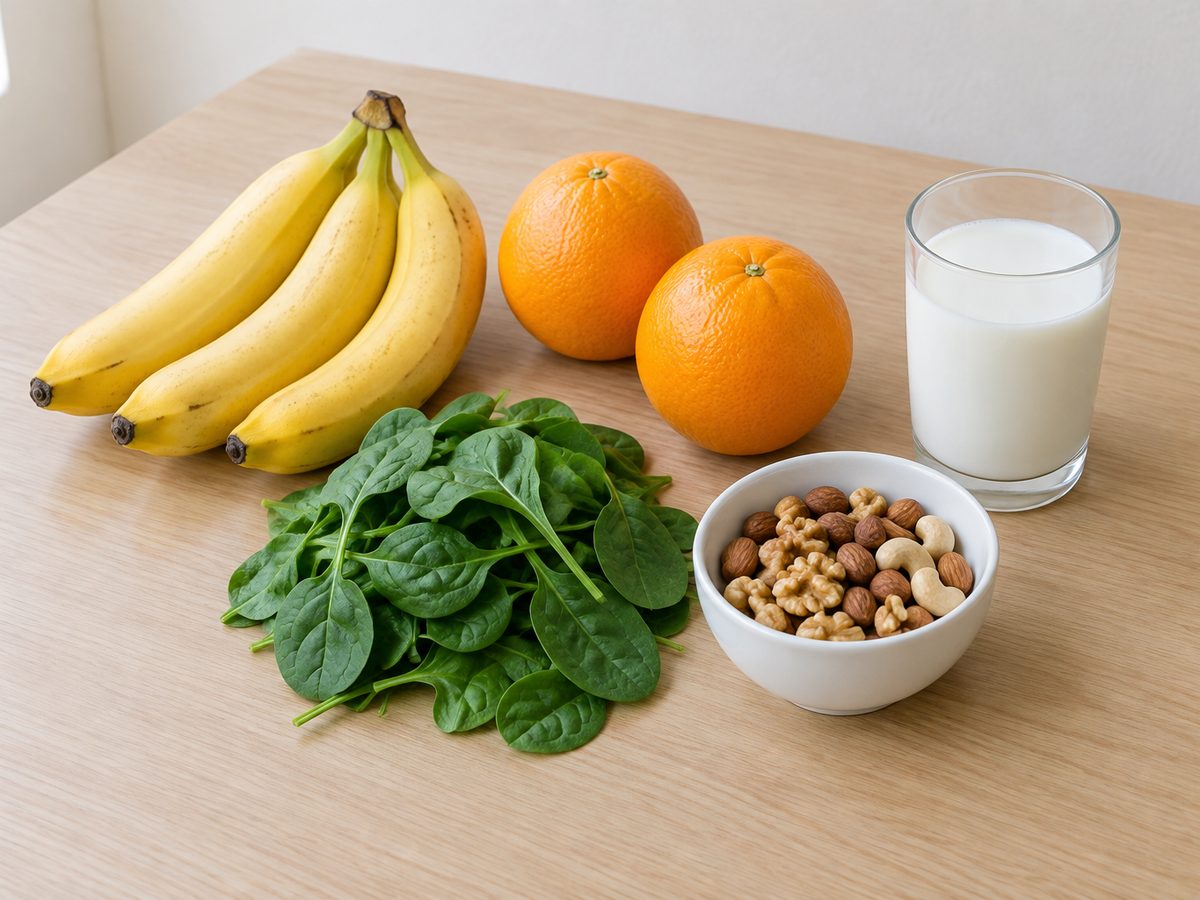 Bananas, oranges, spinach, nuts and a glass of milk on a table.
