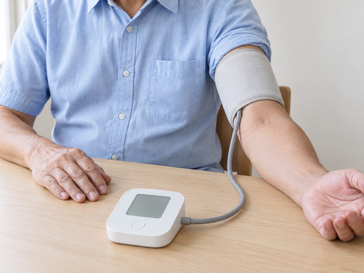 An older man at a table checking his blood pressure, the cuff on his bare upper arm above the elbow.