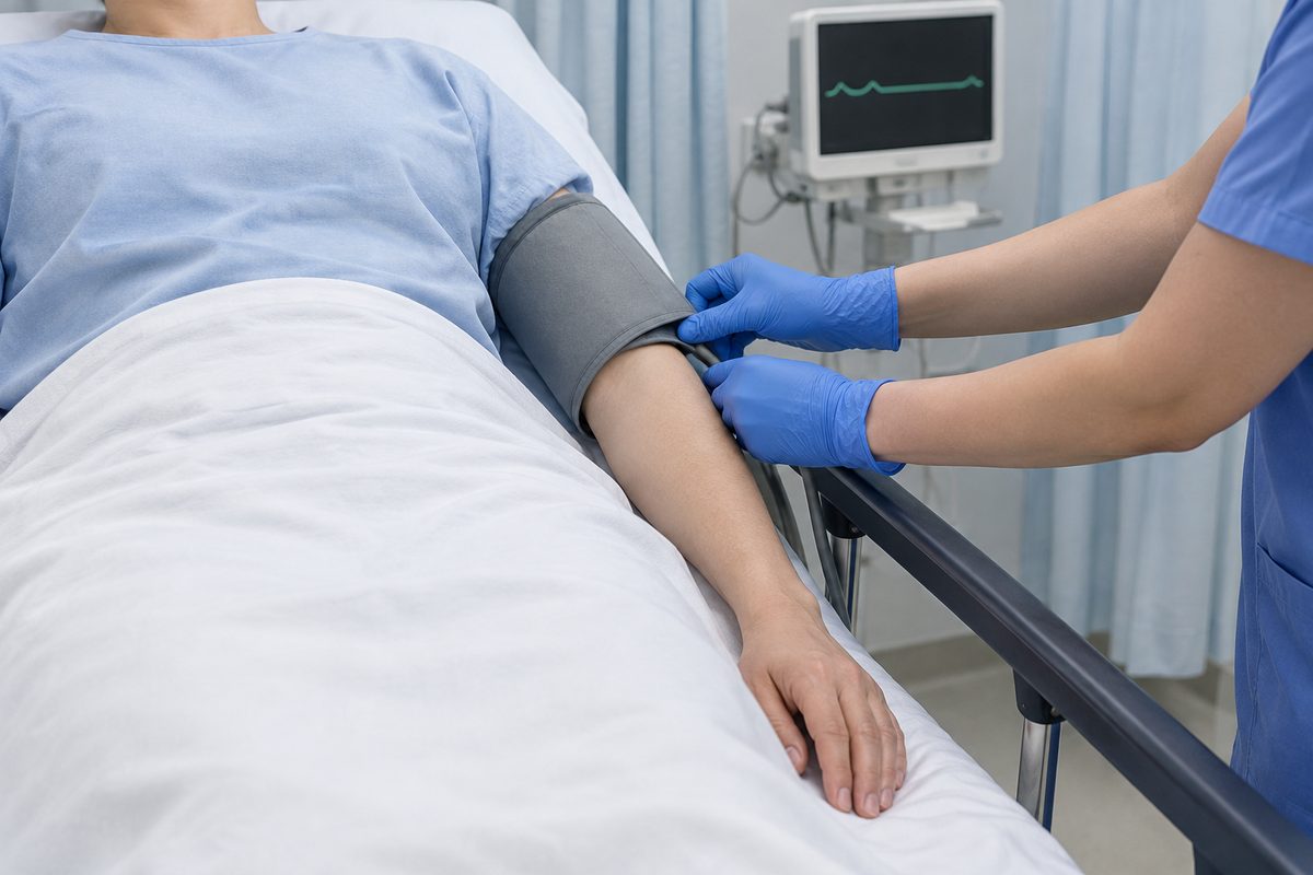 A hospital emergency bay: a nurse in blue gloves fitting a blood pressure cuff round the arm of a person lying on a trolley