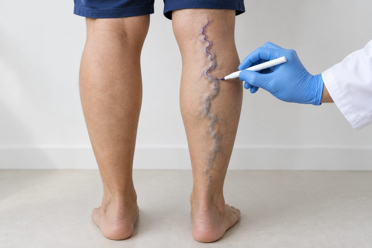A gloved hand tracing a bulging calf vein with a skin pen while the person stands