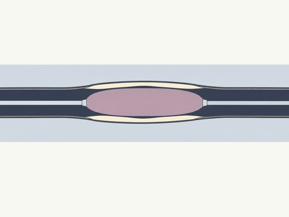 Drawing, not to scale: the inflated balloon pressing plaque flat to widen the artery