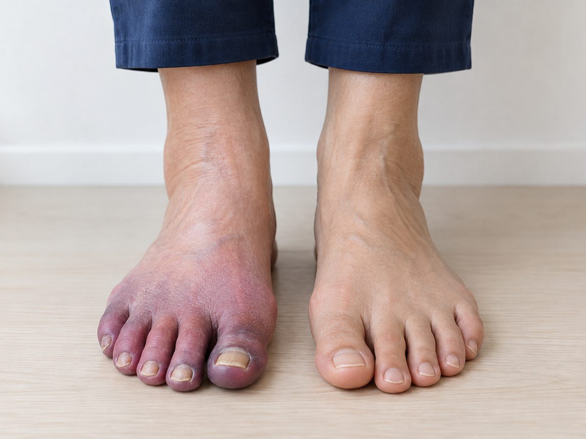 Two bare feet on a wooden floor, the toes and front of one foot a dusky purple-red with dry skin and thick yellowed nails, the other foot a normal colour
