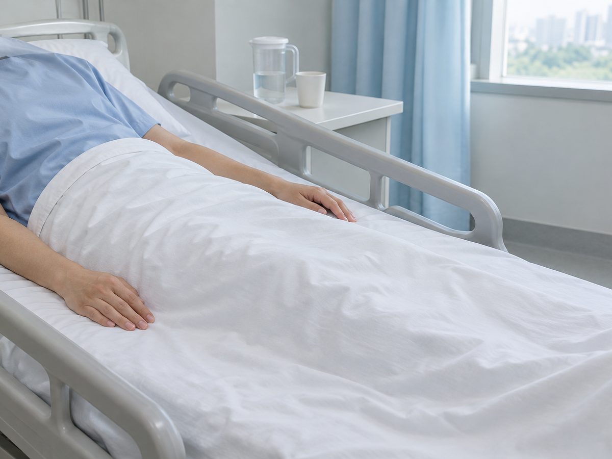Resting flat on a hospital ward bed under a white sheet, a water jug and a cup on the bedside table