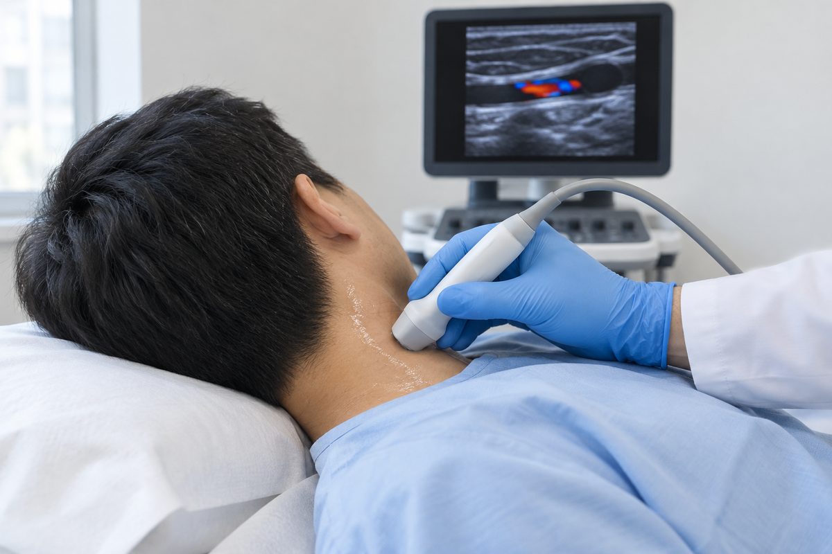 A gloved hand holding an ultrasound probe on the side of the neck, the artery shown on the screen beside it