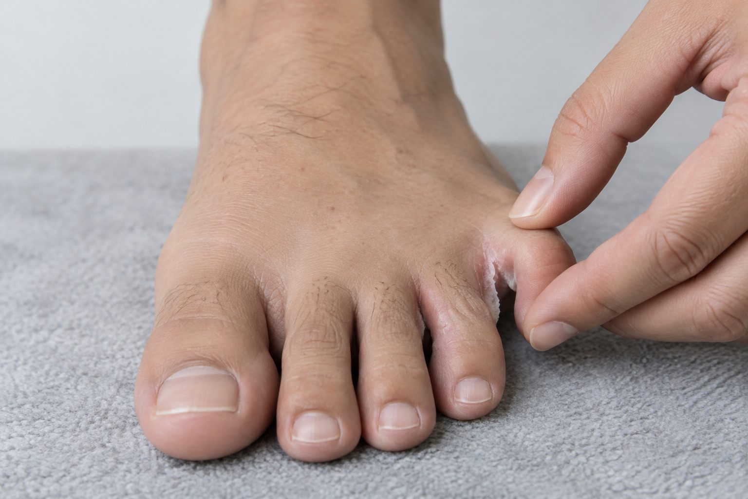 White, peeling skin between the two smallest toes, as with athlete's foot
