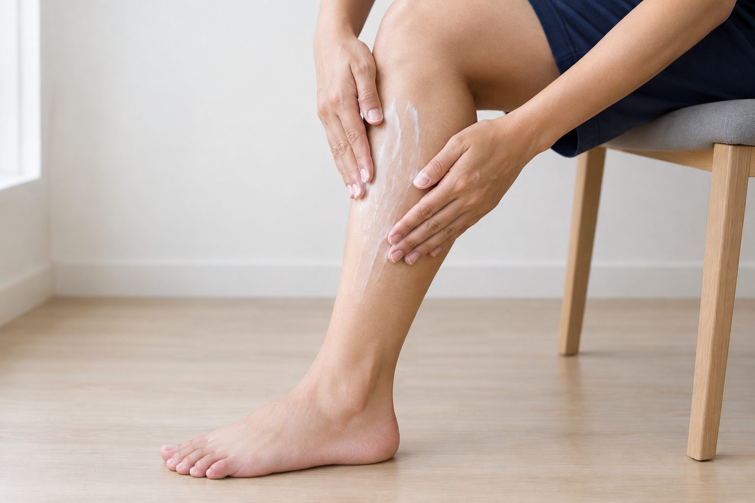 Two hands smoothing white moisturising cream onto a lower leg