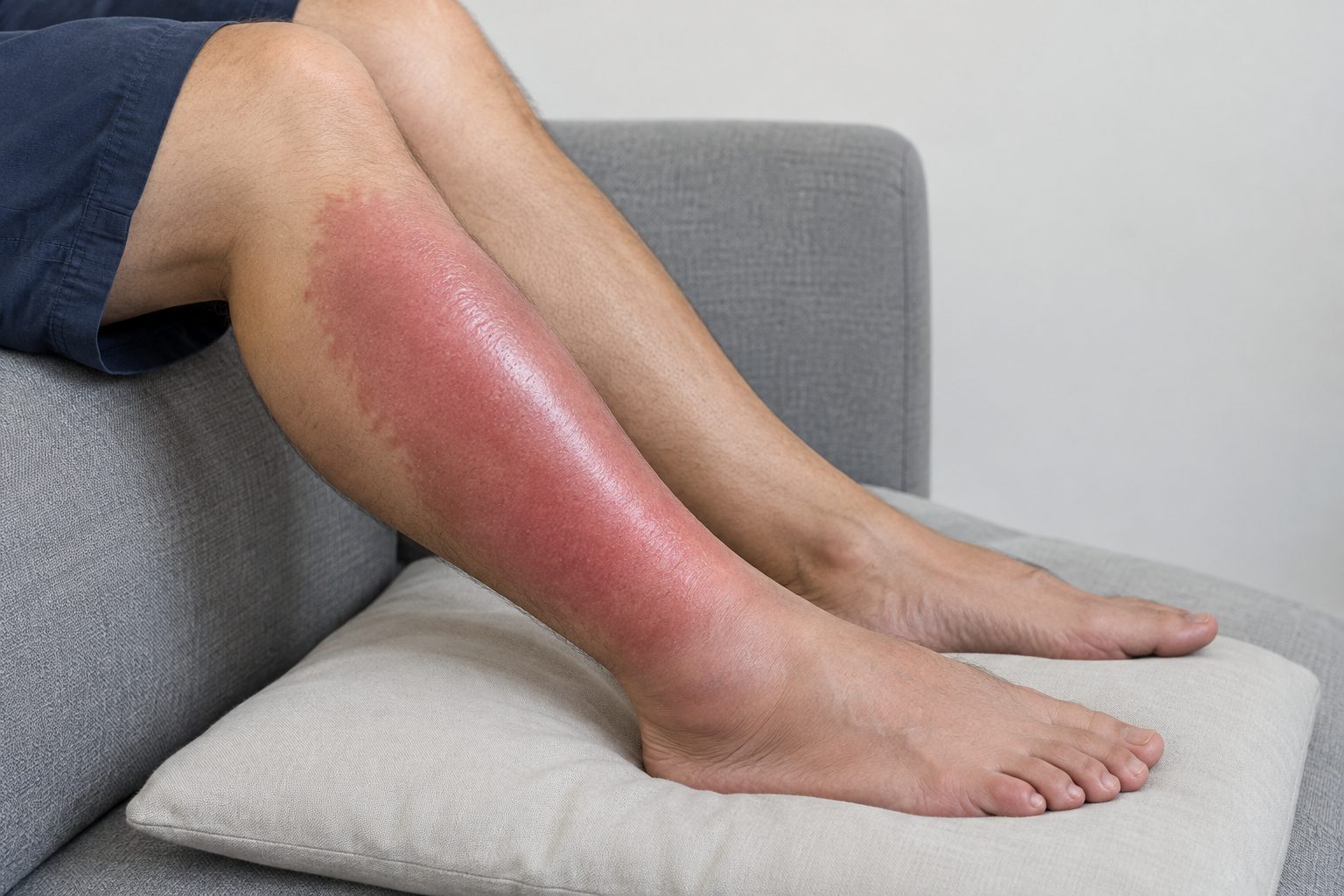 Two lower legs on a sofa, one shin red, swollen and shiny, the other normal