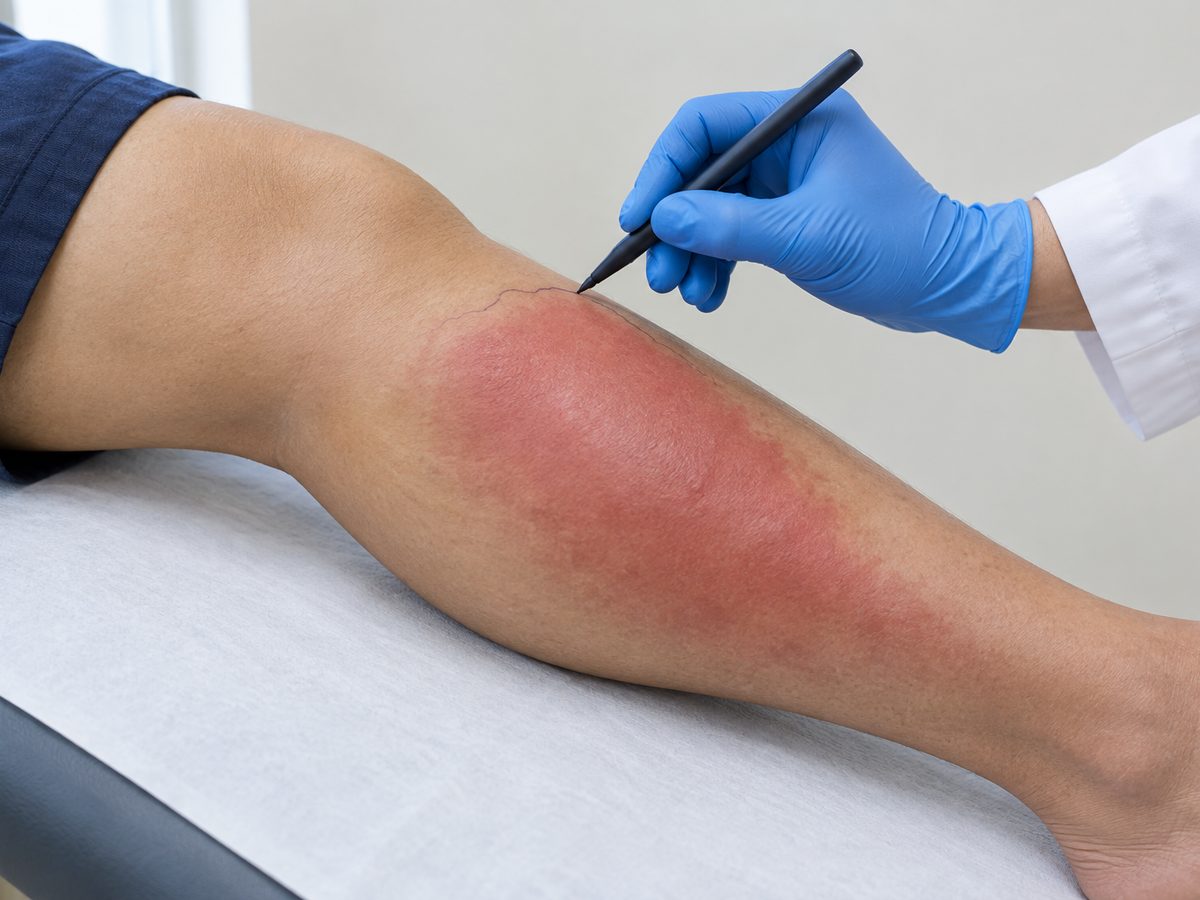 A gloved hand drawing a pen line along the edge of a red, swollen patch on a calf