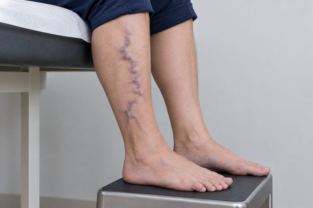 An adult seated on a clinic couch, one calf with a raised, twisting varicose vein