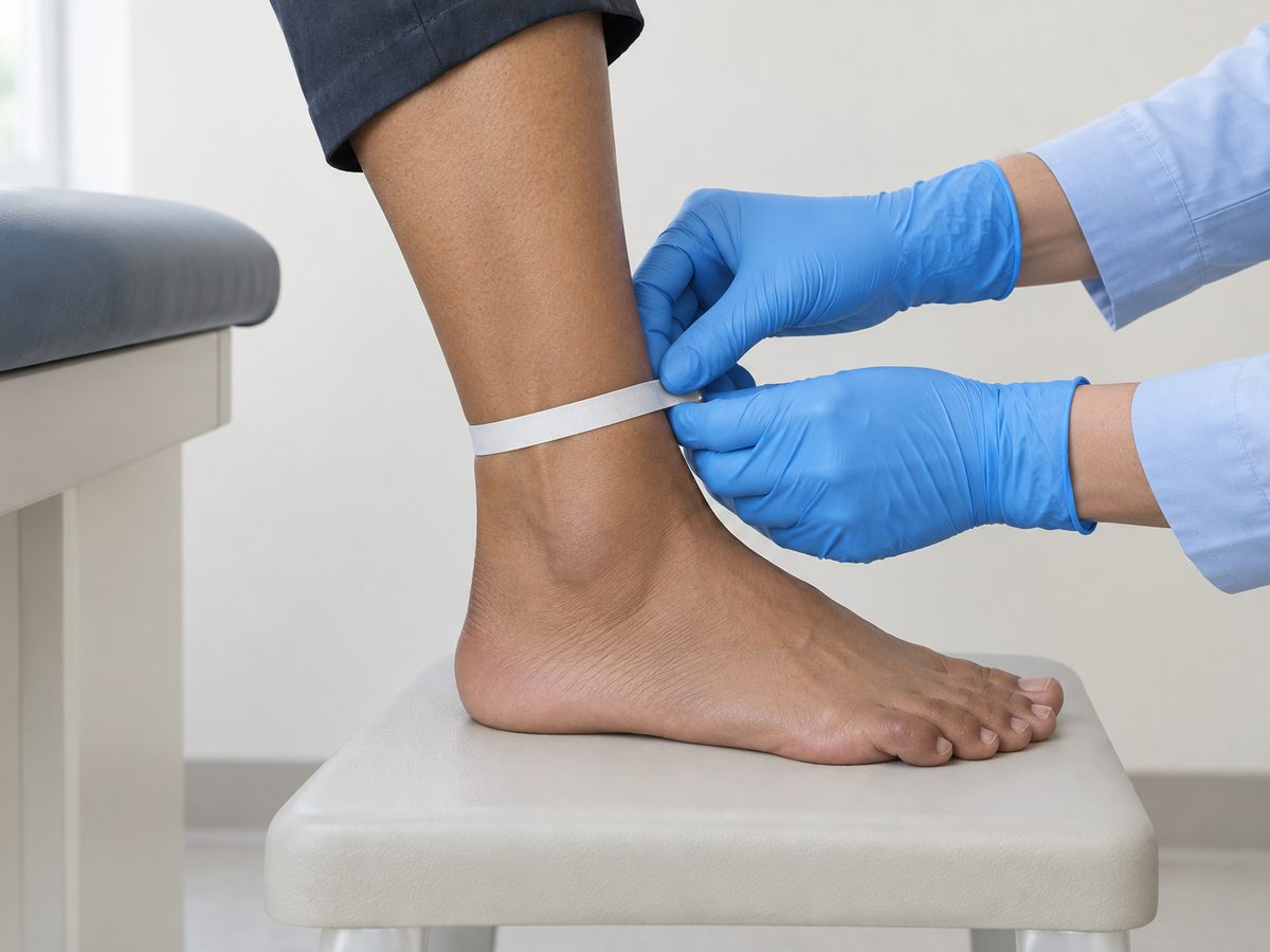Gloved hands measuring an ankle with a soft tape