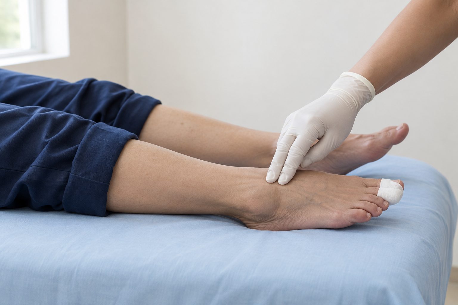 Gloved fingers feeling the pulse on top of a bare foot, with a small clean dressing on the big toe