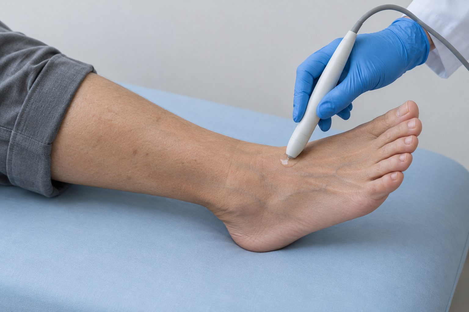 A small handheld Doppler probe held on the top of the foot, with a little gel on the skin