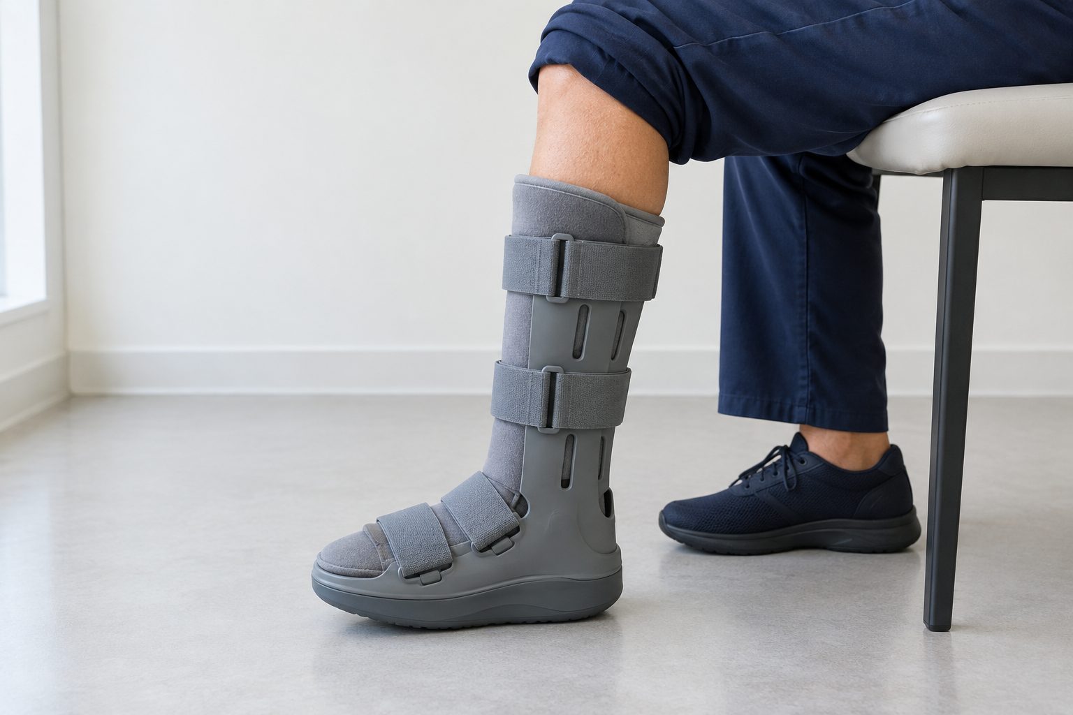 A lower leg in a plain knee-high walking boot, the other foot in a dark walking shoe