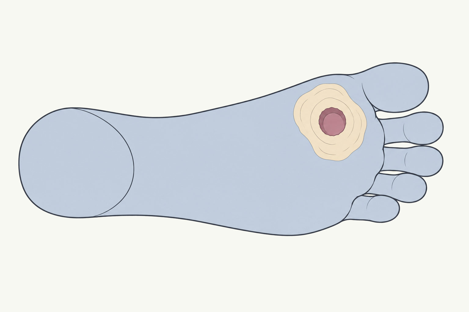 Drawing, not to scale: a diabetic foot ulcer on the ball of the foot behind the big toe, inside a ring of thick, hard skin