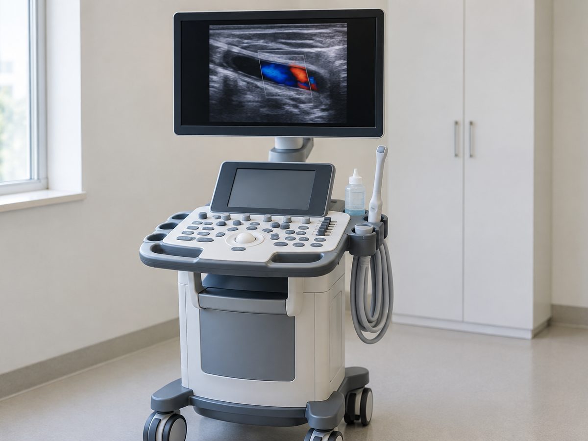 A duplex ultrasound machine, its screen showing a colour scan of a leg vein