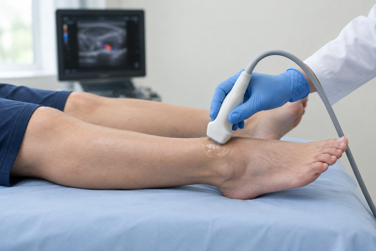 An ultrasound probe on the front of an ankle, with the person lying on a couch