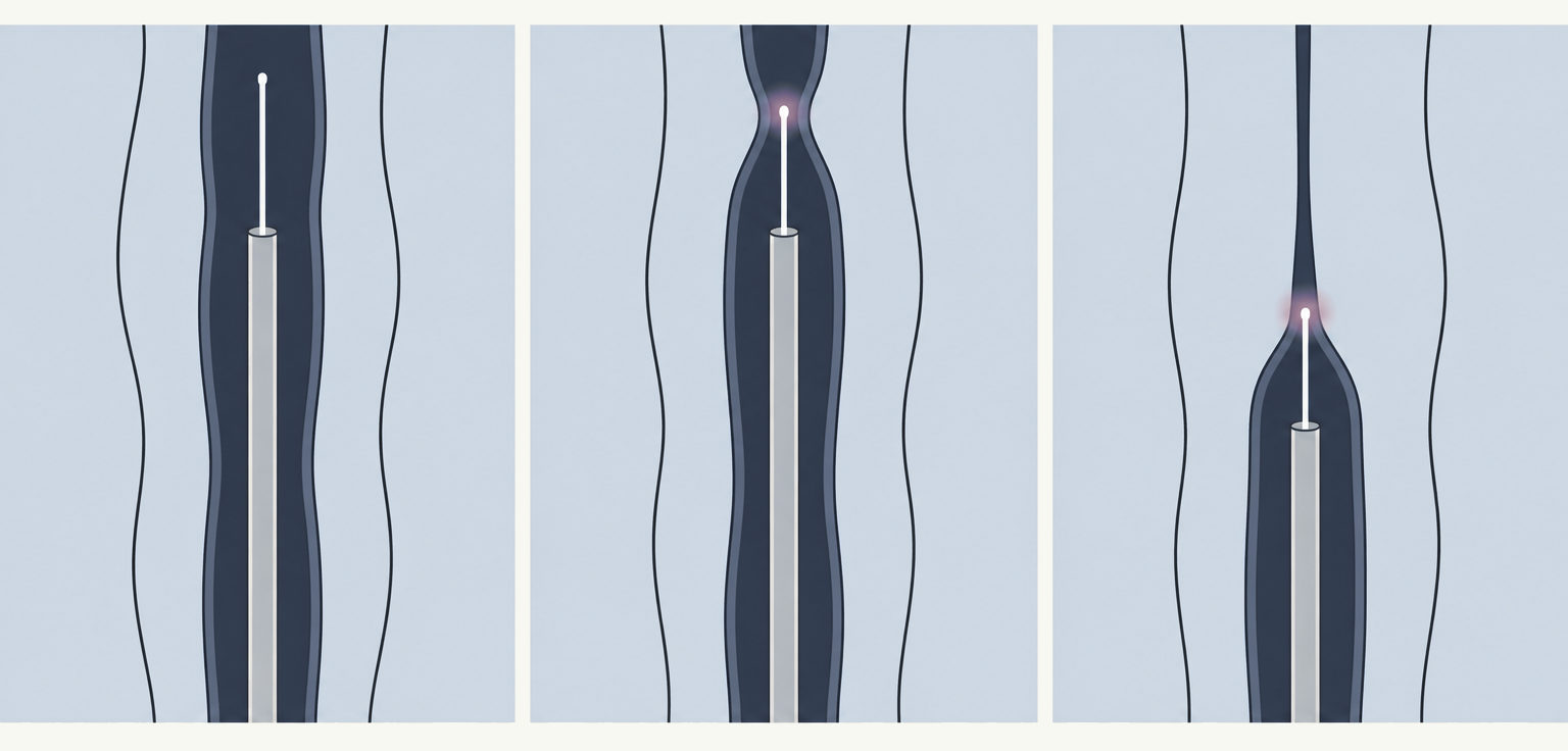 Three-step diagram of a laser fibre in its catheter: placed in the vein, its tip heating, then drawn back as the vein closes