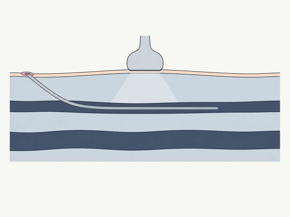 A thin catheter entering a leg vein through a needle puncture, with an ultrasound probe on the skin