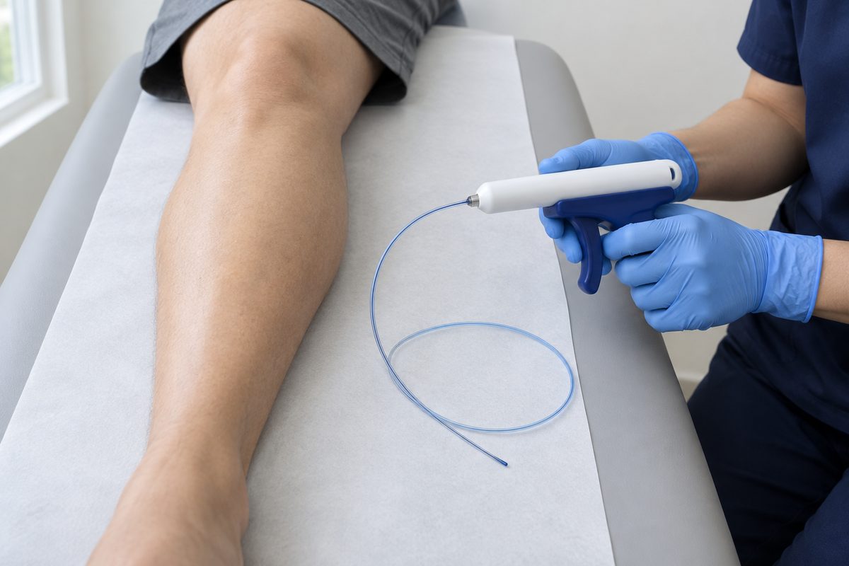 Gloved hands holding a vein glue dispenser and its thin catheter beside a bare lower leg on a clinic couch