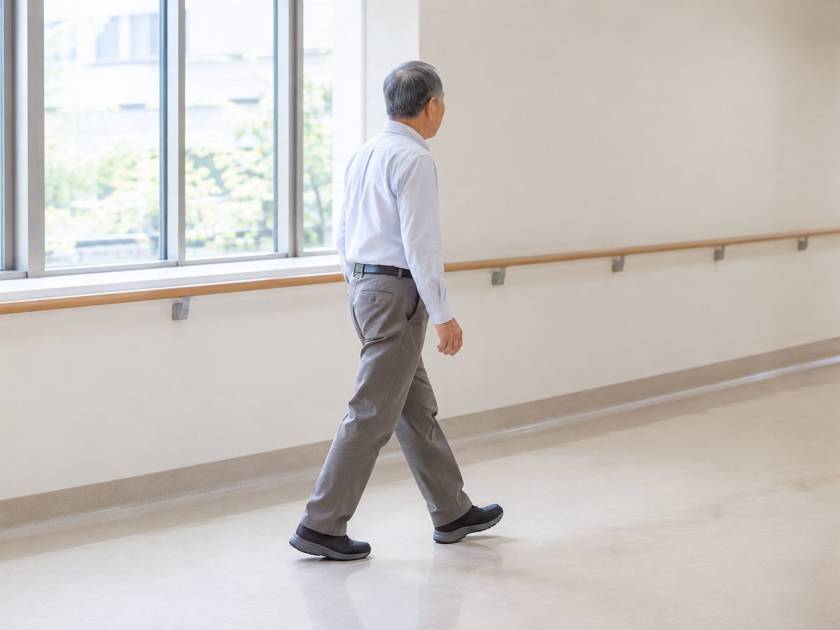 An older person walking along a clinic corridor