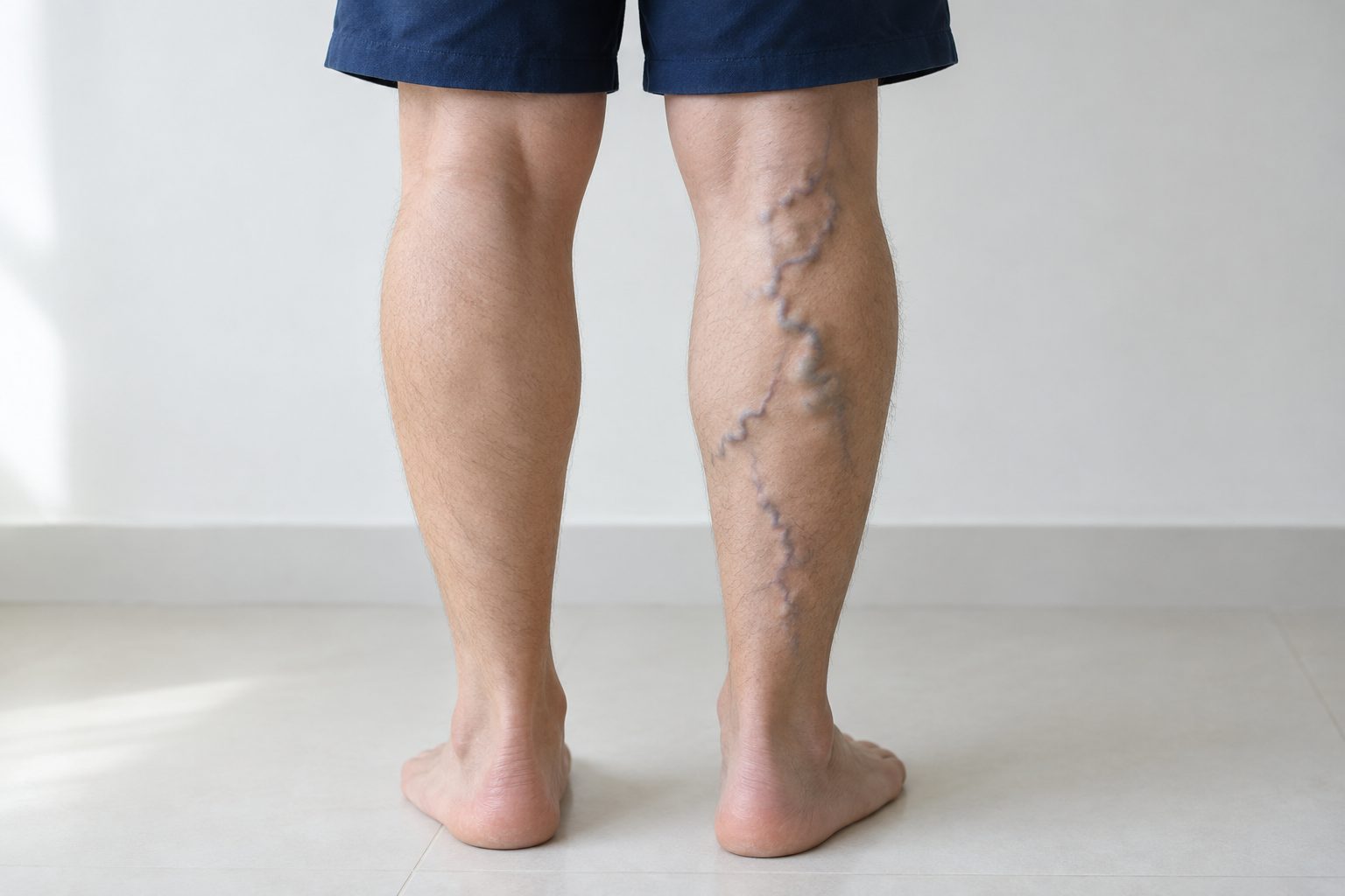 Bulging varicose veins on the back of one calf