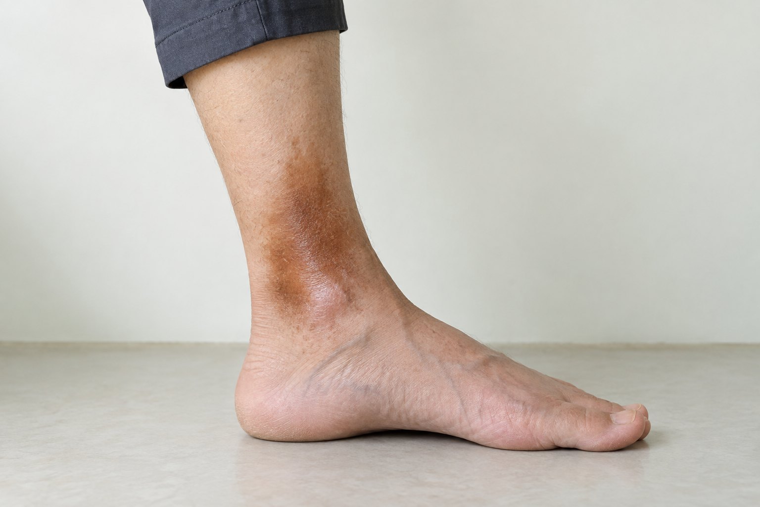 Brown, discoloured skin just above the ankle
