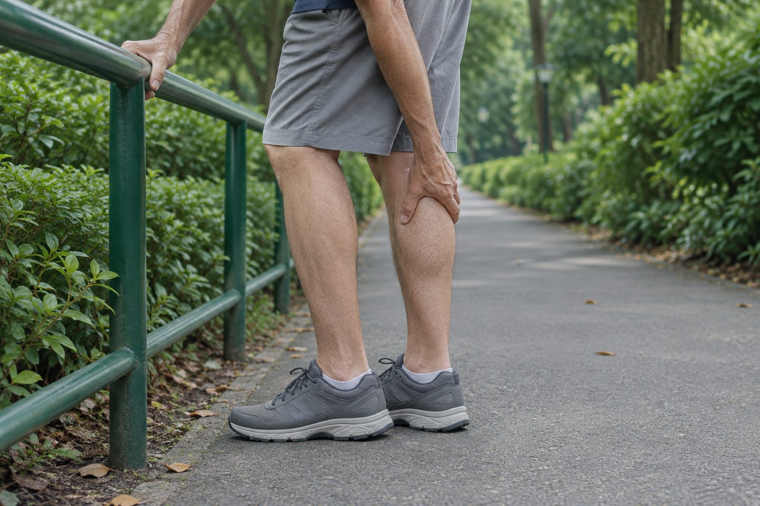 A person stopped on a park path, standing still and holding their calf