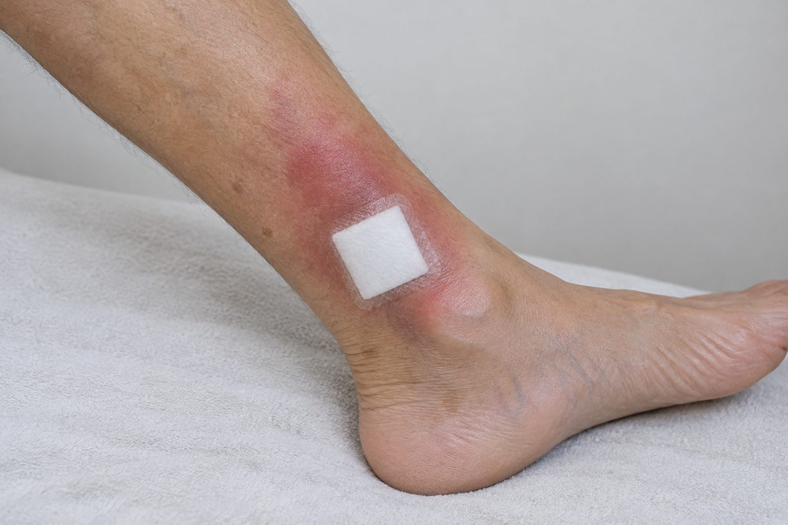 A dressing just above the inner ankle, with red, swollen skin spreading around it