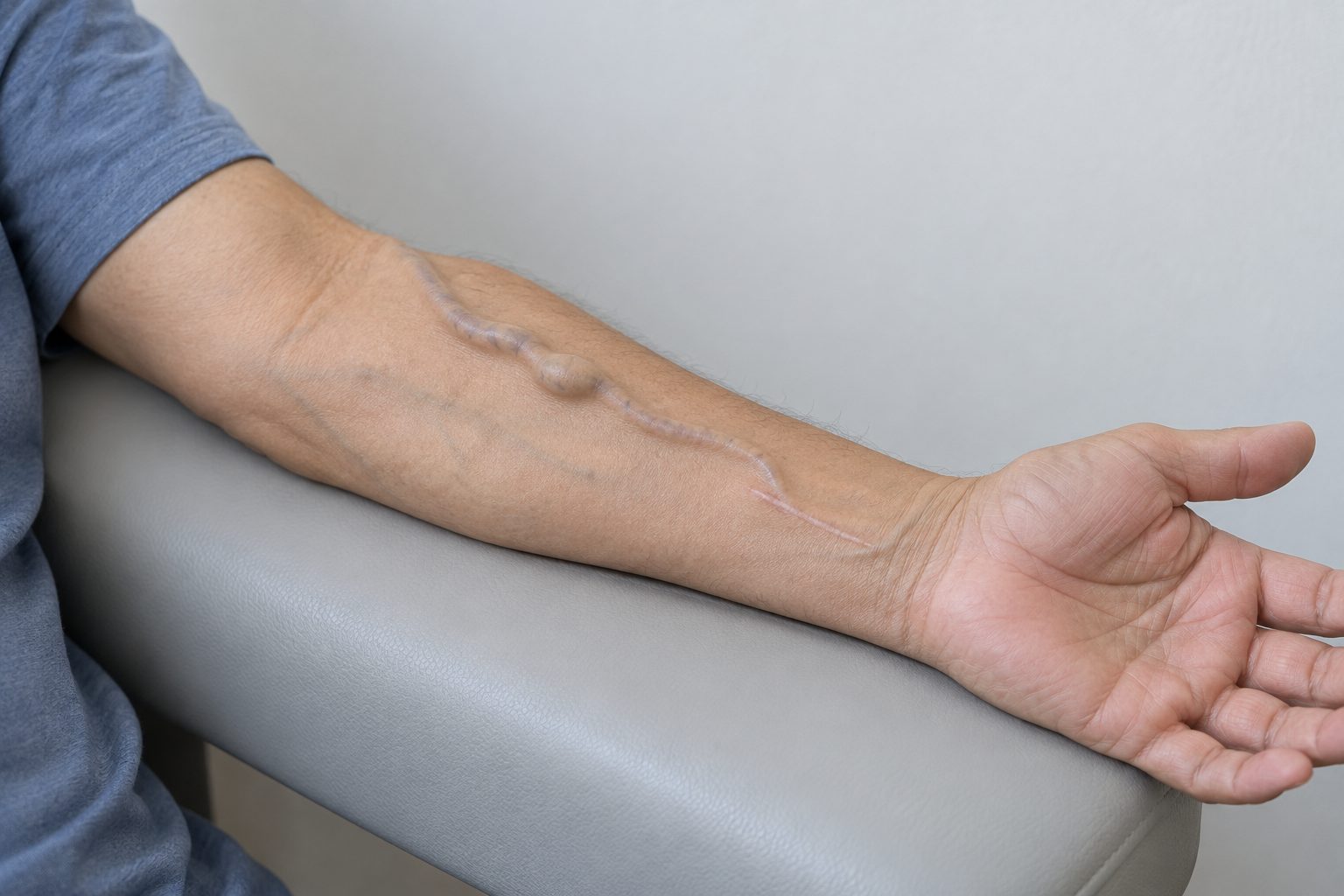 A raised dialysis fistula vein on the inner forearm, running up from a healed scar near the wrist