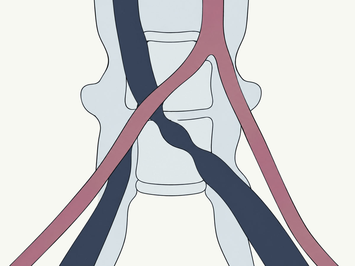 Drawing, not to scale: the large veins of the pelvis in dark blue and the arteries in mauve; the right artery crosses in front of the vein from the left leg and squeezes it against the spine