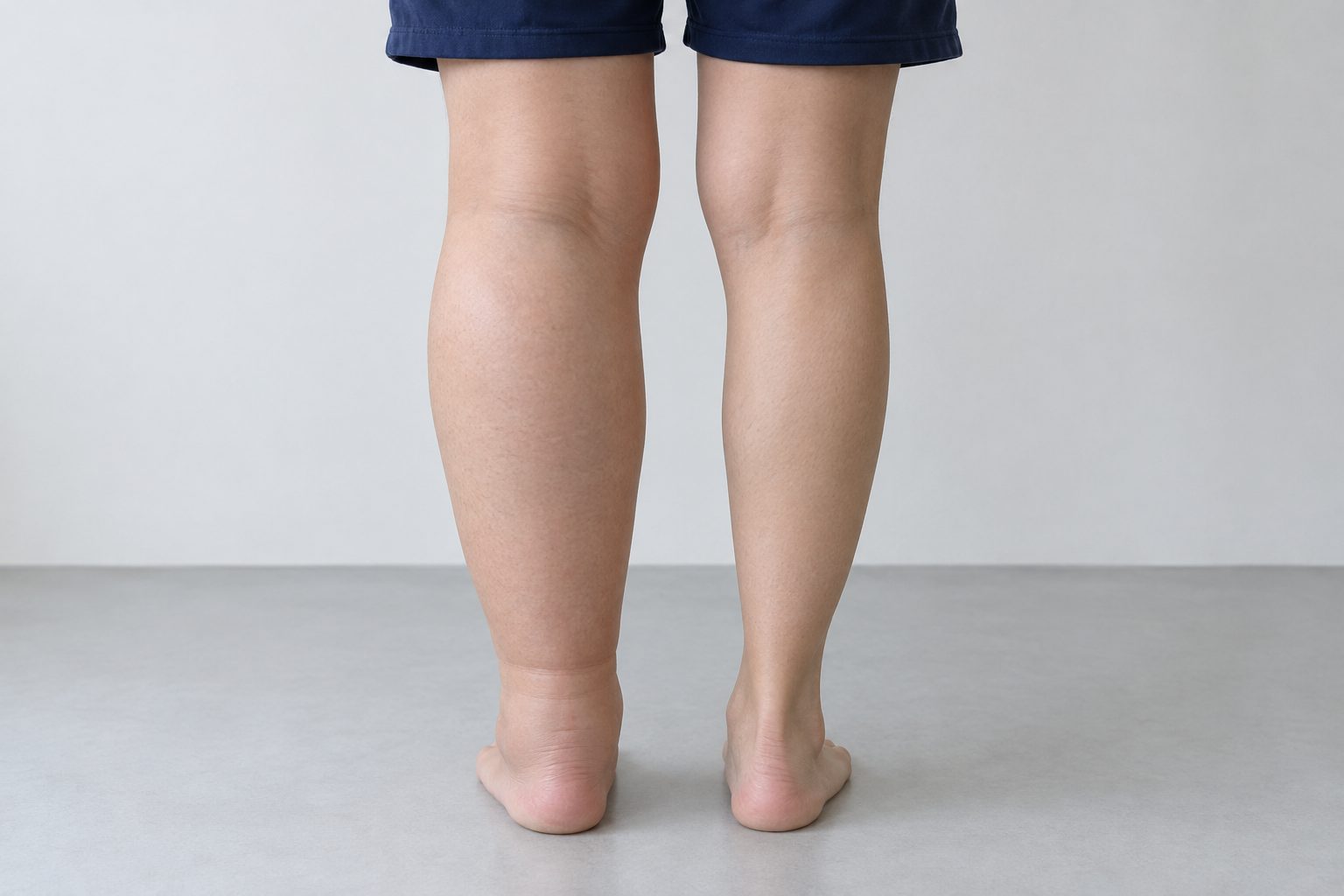 The backs of two lower legs, the left calf and ankle fuller than the right