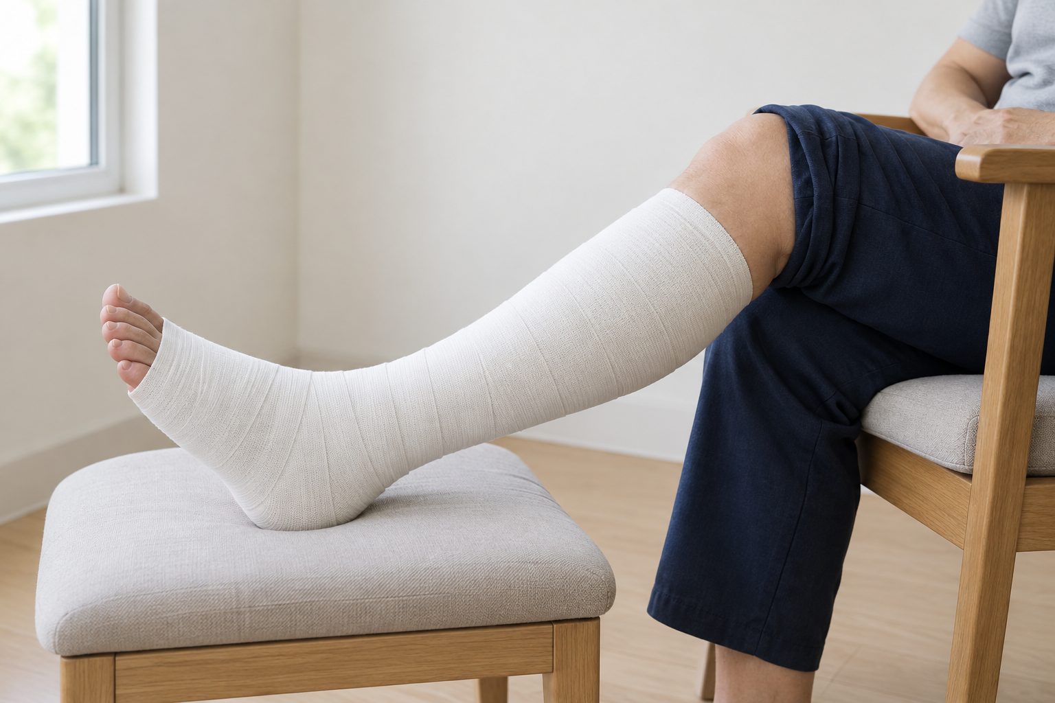 A lower leg resting on a footstool, wrapped from the base of the toes to below the knee in a clean white bandage