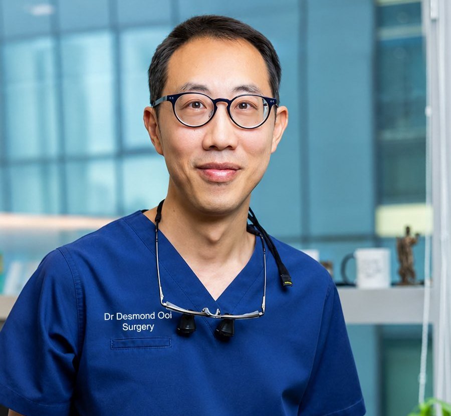 A man in glasses and navy scrubs, with surgical loupes around his neck