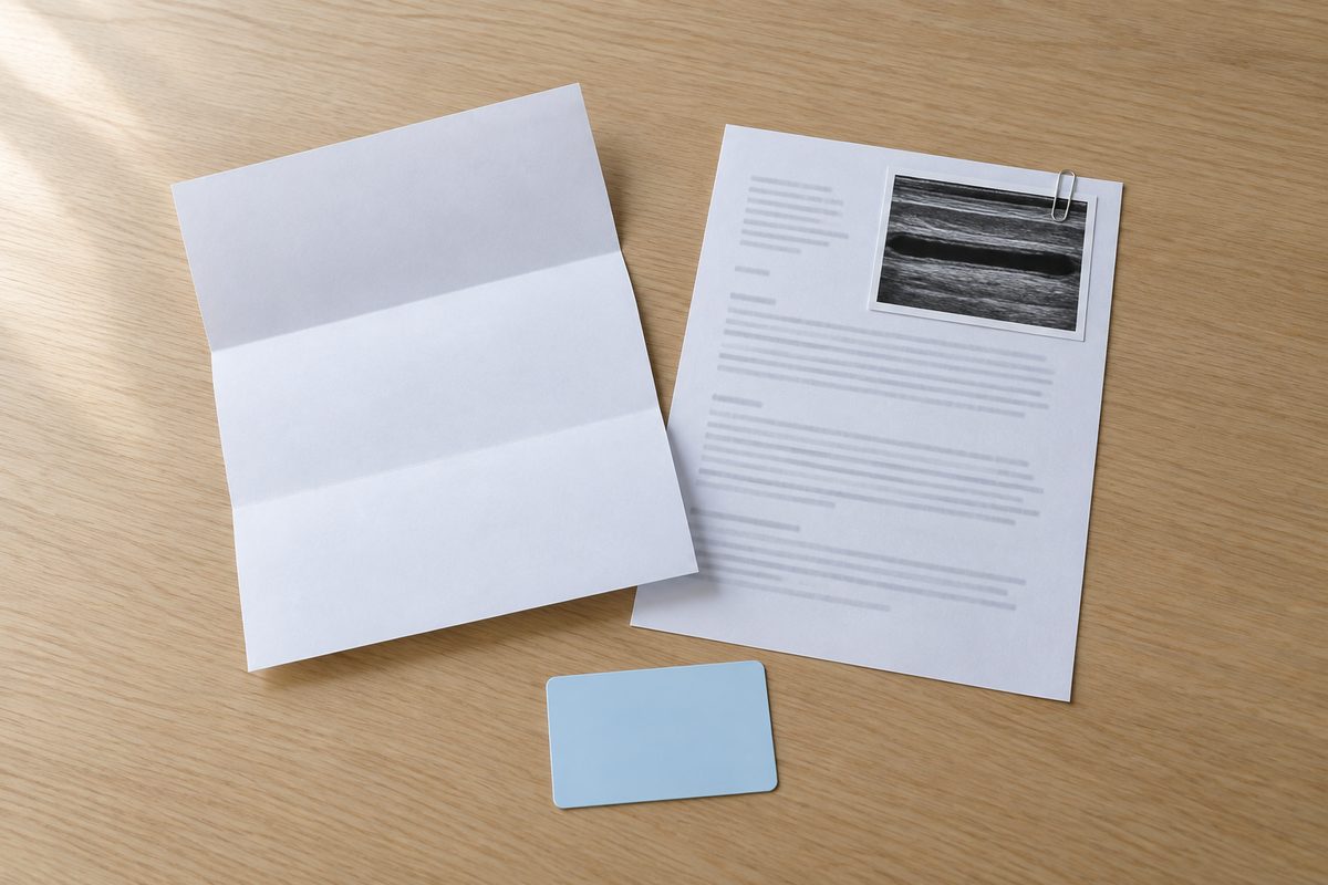 A letter, a scan report and a blank insurance card laid on a table