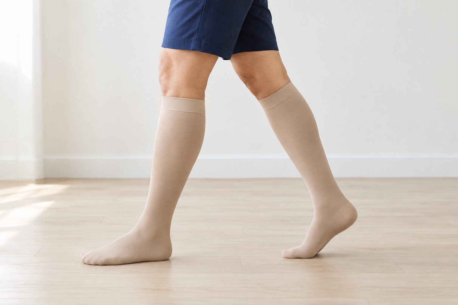 Legs in beige compression stockings walking across a wooden floor