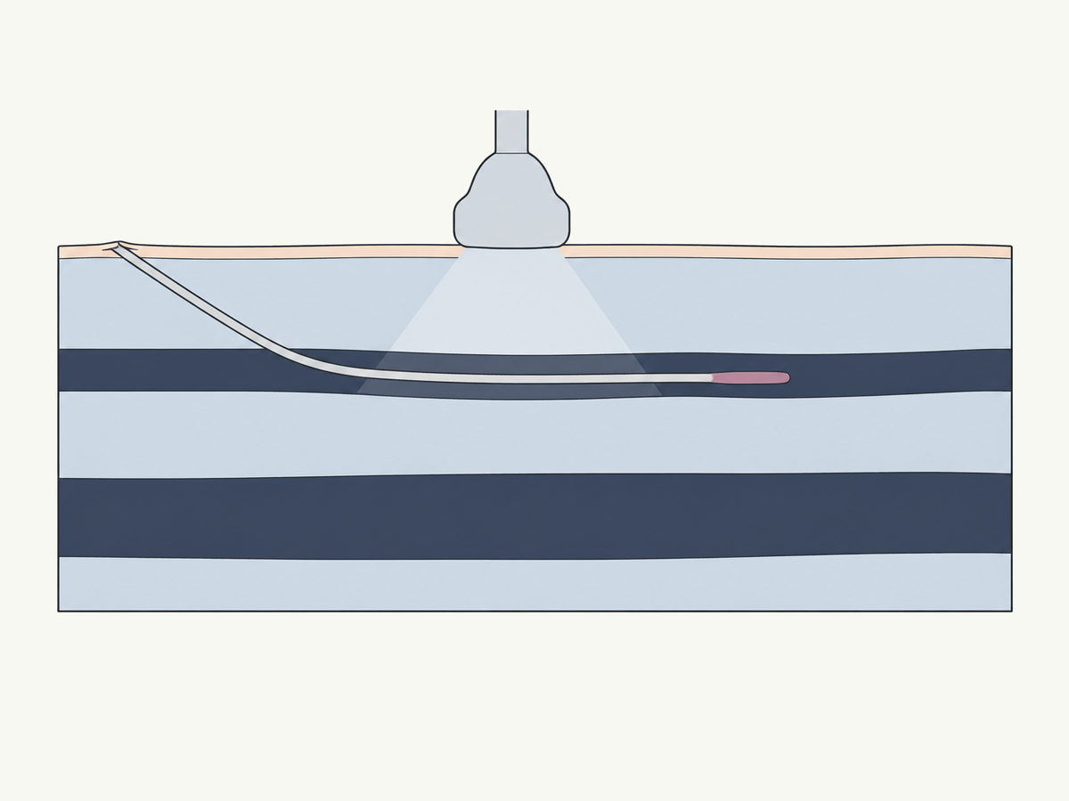 A thin catheter entering a leg vein through a needle puncture, with an ultrasound probe on the skin