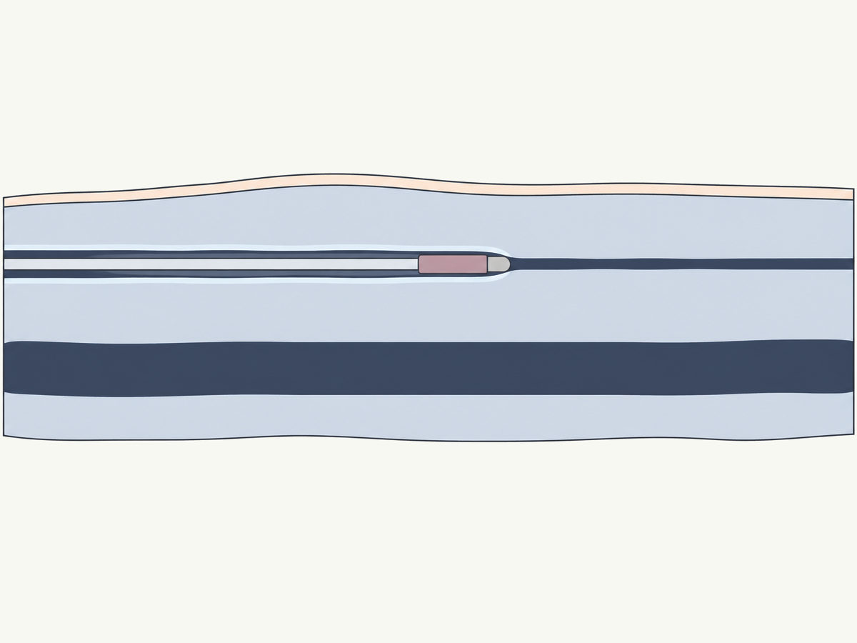 Drawing of a catheter's heating segment inside a leg vein, the vein pressed onto it and closed beyond it