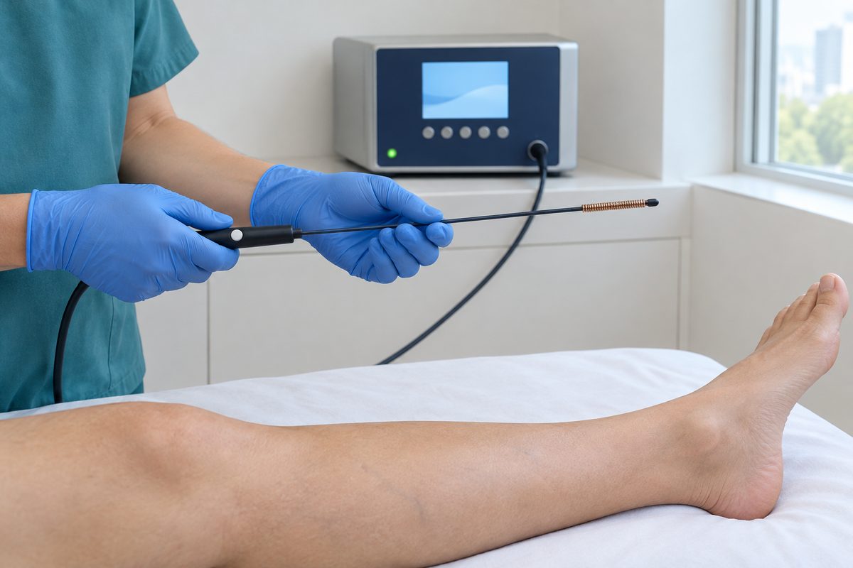 Gloved hands holding a radiofrequency vein catheter with its heating coil, its machine behind and a bare lower leg resting on the couch