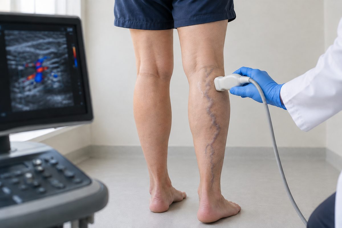 A duplex ultrasound probe on the back of a calf with twisting varicose veins, the scanner screen beside it