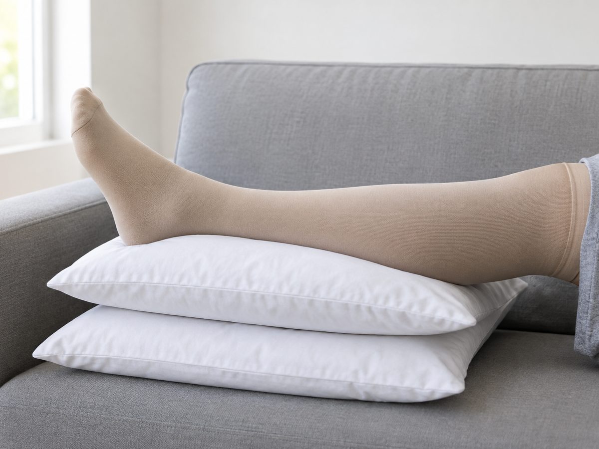 A leg in a beige compression stocking, raised on cushions