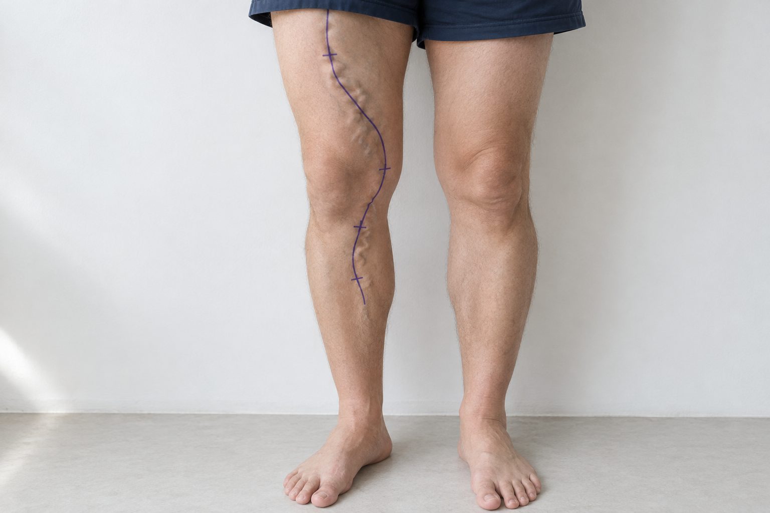 A standing leg with a violet skin-marker line along a varicose vein on the inner thigh