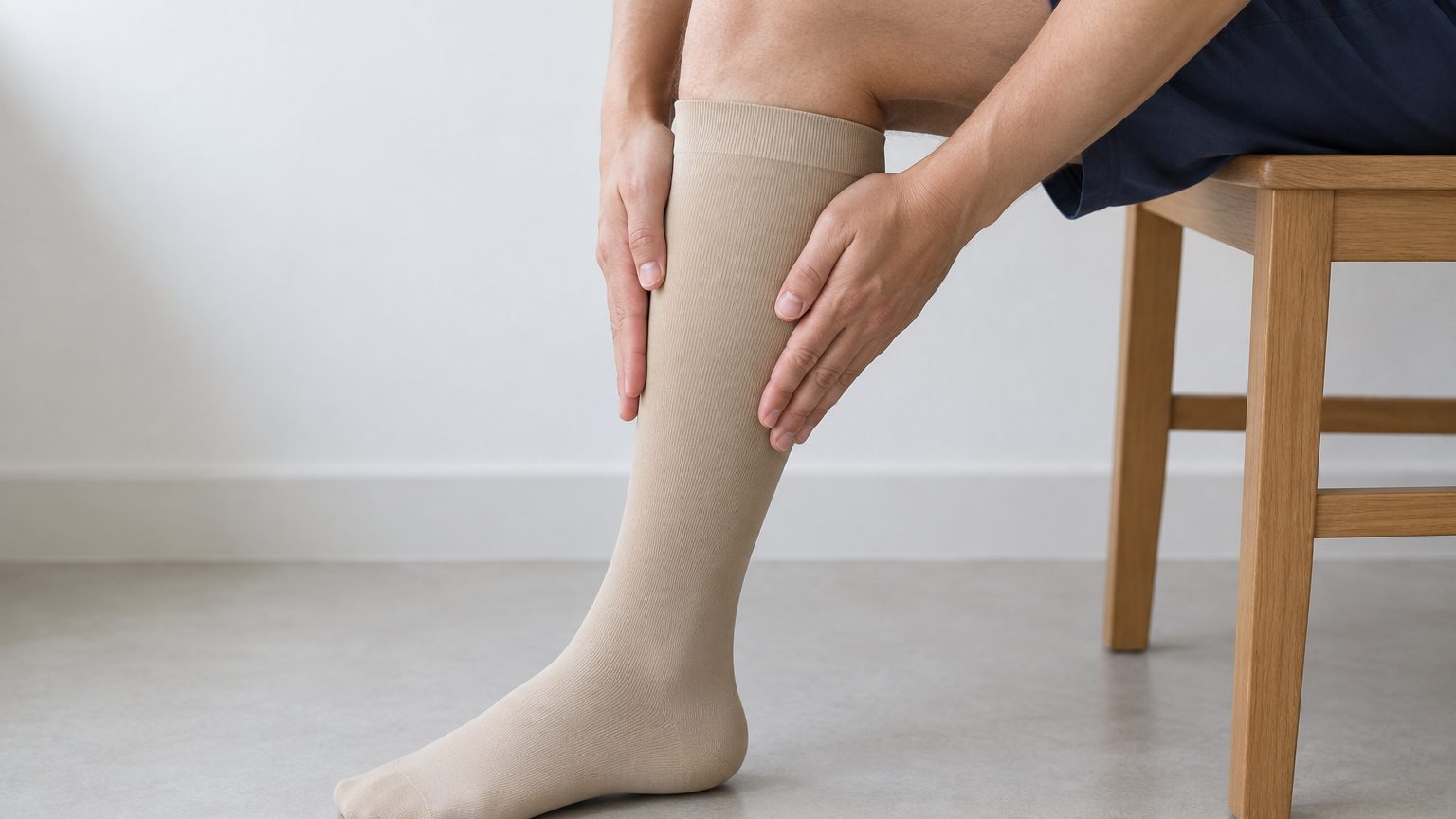 A knee-high compression stocking being smoothed up the calf with both hands