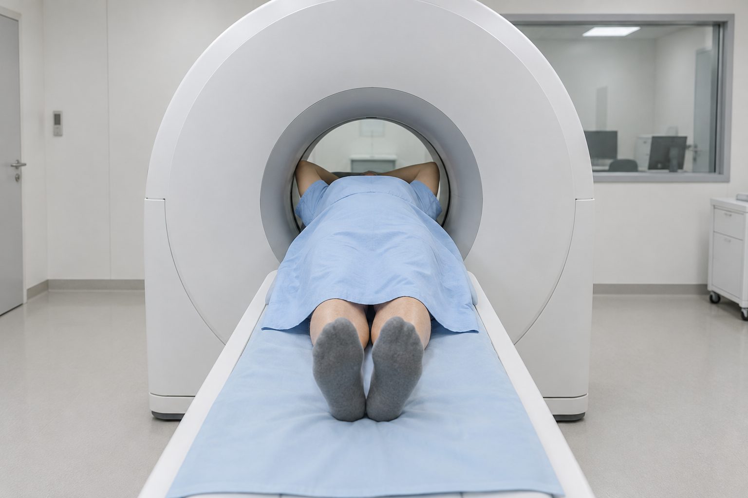 A person in a hospital gown lying on a CT scanner table, the head and shoulders inside the scanner ring