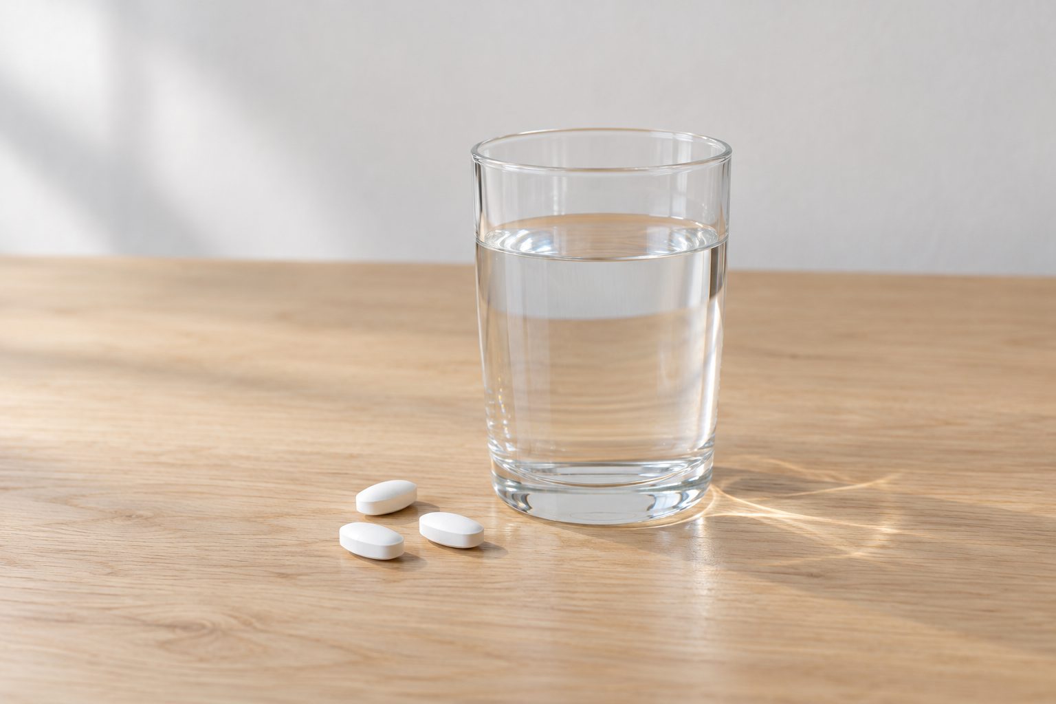Three plain white tablets beside a glass of water on a wooden table