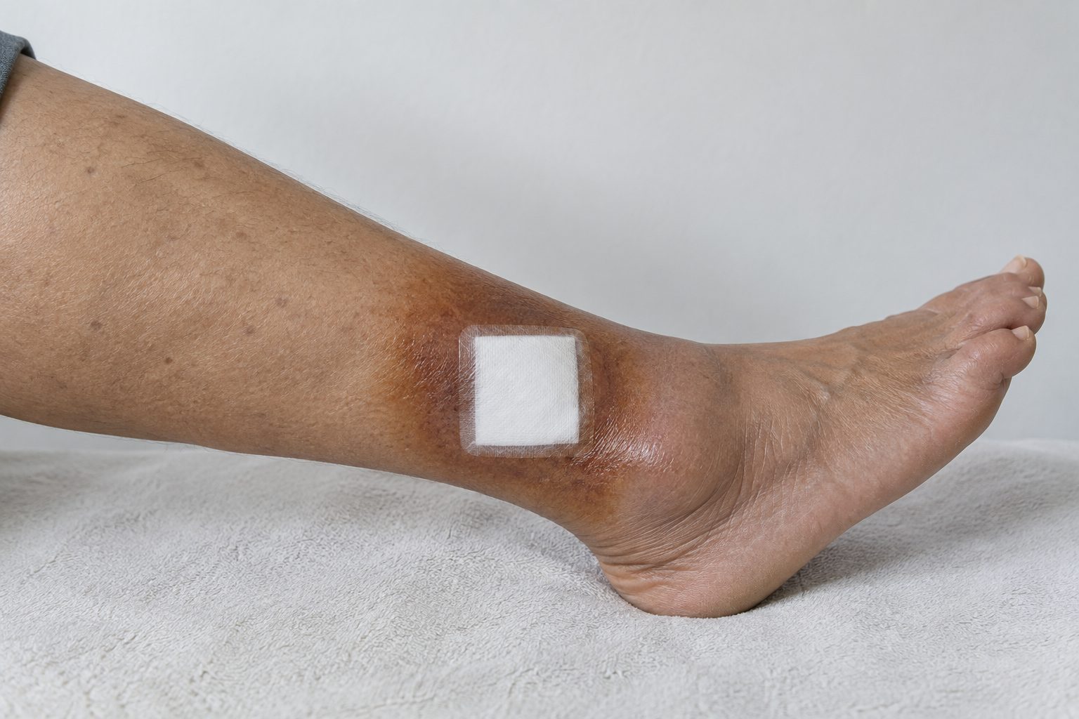 A dressing on the inner ankle with brown, discoloured skin around it