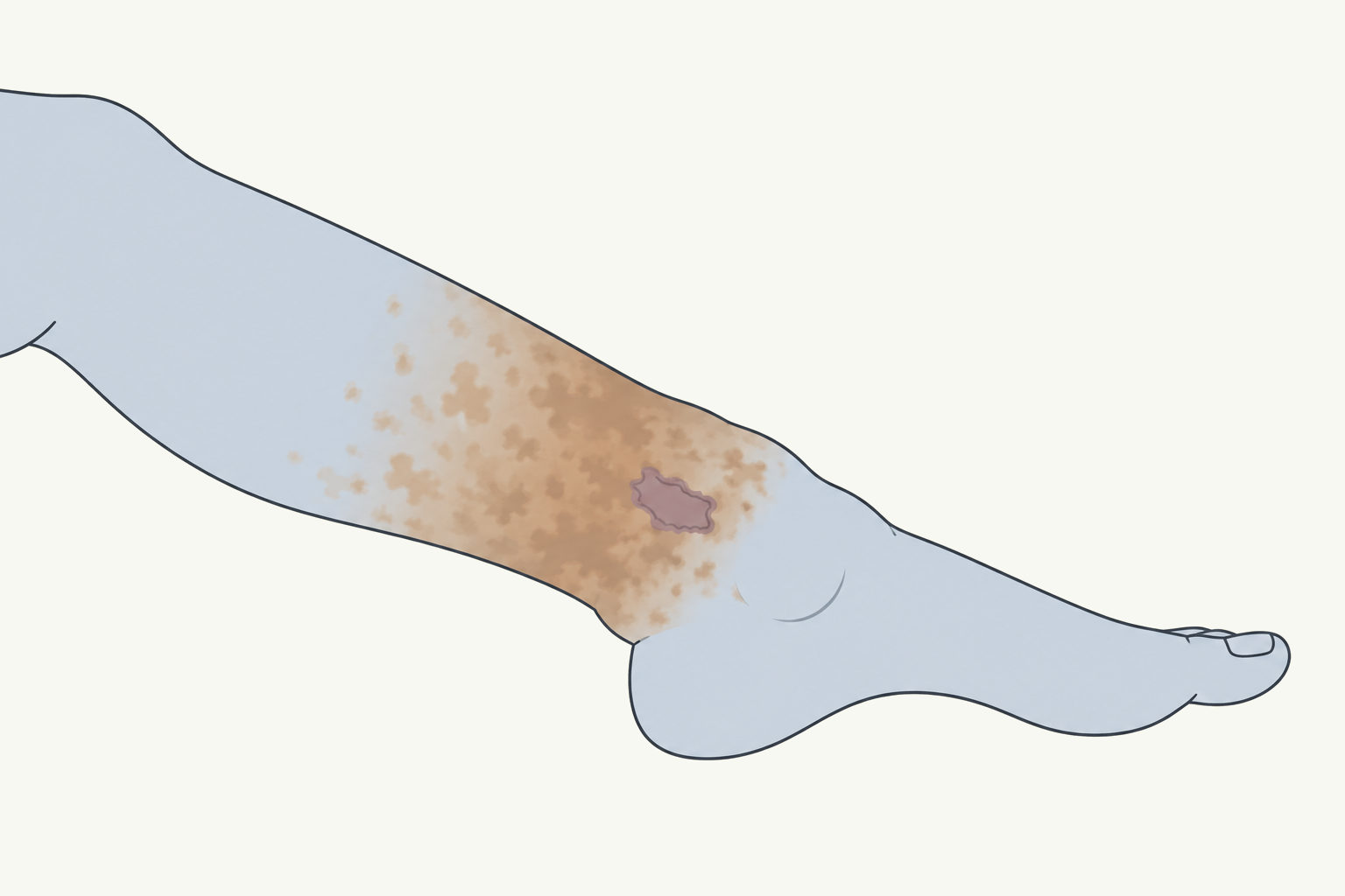 Drawing, not to scale: a venous leg ulcer just above the inner ankle, with brown staining and swelling of the skin around it