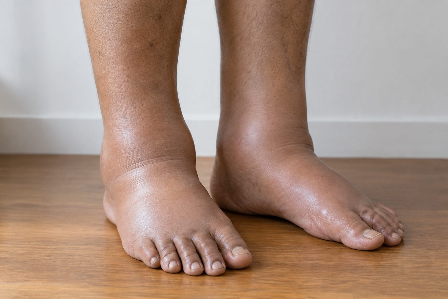 Swollen ankles and feet on a wooden floor.